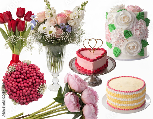 Roses Bouquets Cakes Wedding Decorations Isolated on White