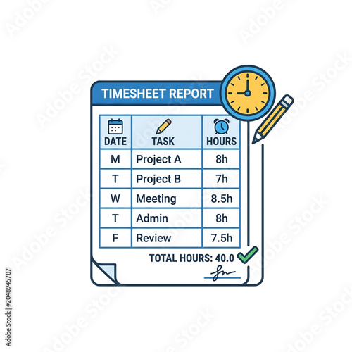 Timesheet report document with hourly activity records.