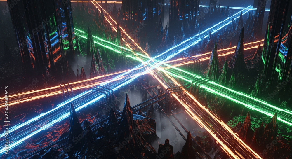 Obraz premium Futuristic Cyberpunk Intersection With Glowing Neon Light Trails Running Through A Dark Alien Landscape Architecture
