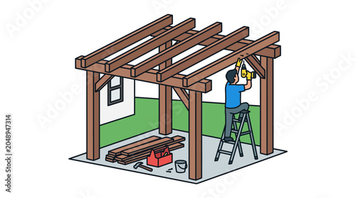 Man building wooden pergola using ladder and tools on construction site