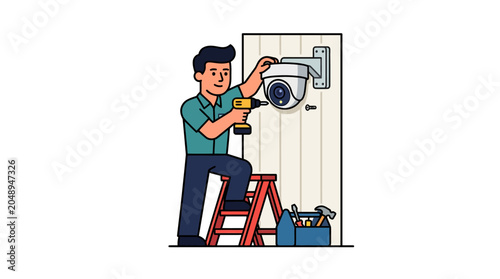 Man installing security camera with drill on ladder, tool kit nearby, home surveillance concept