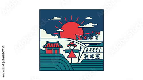 Traditional Korean Village Sunrise with Scarecrow and Rice Fields - Flat Design