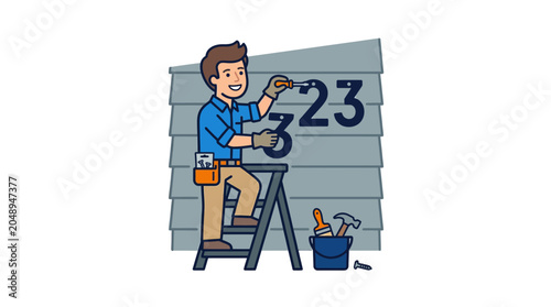 Handyman installing house numbers on a gray siding wall, with tools nearby.