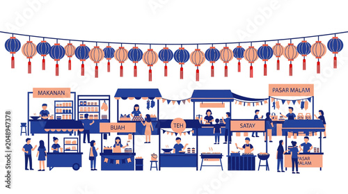 Vibrant Asian Night Market Scene with Food Stalls and Lanterns