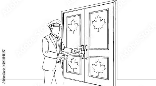 Uniformed doorman unlocking ornate double doors indoors.