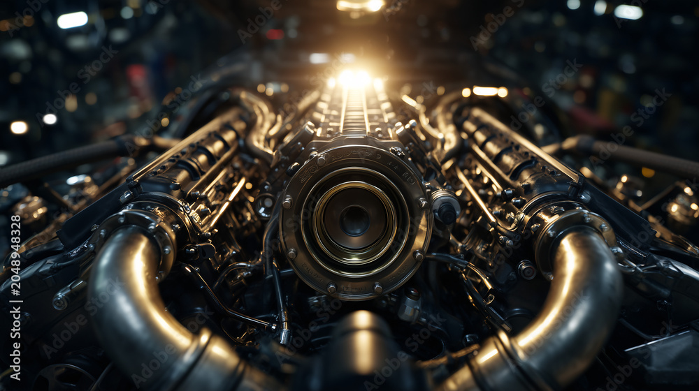 Fototapeta premium Close-up View of High-Performance Car Engine with Bright Light Highlight