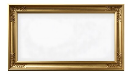 Ornate brushed gold picture frame featuring intricate engraved corner patterns and a blank white center for copy space, isolated on a white background with 16:9 landscape aspect ratio.