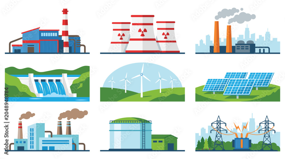 Fototapeta premium Power plants flat illustrations set for electricity production.