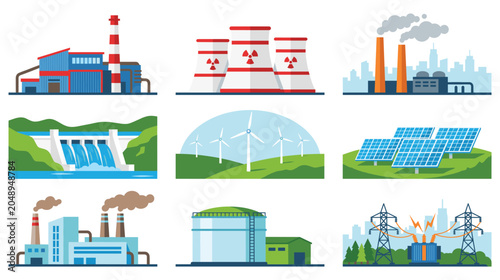 Foto Power plants flat illustrations set for electricity production.
