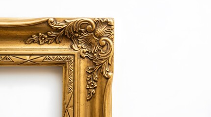 Close-up of a vintage ornate gold picture frame corner with intricate floral carvings and scrolls, isolated on a white background with ample copy space for custom design projects.