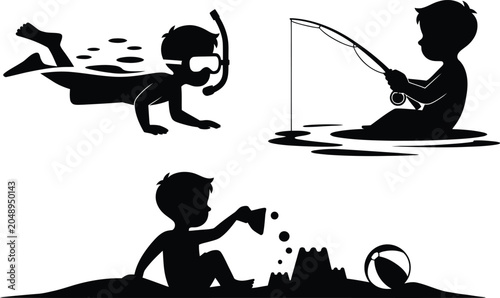 Φωτογραφία Set of children silhouettes engaged in beach and water summer recreational activ