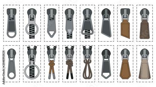 Fotografija Set of different fasteners zipper pullers for clothes.