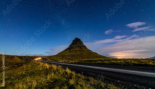 Scenic landscape with mountain silhouette under starry night sky