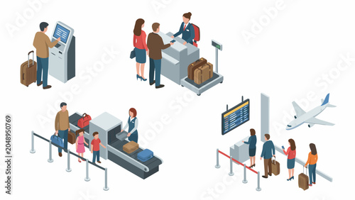 Detailed isometric vector illustration set showing four distinct airport check-in scenes with passengers and staff, capturing the busy atmosphere of travel terminals and transport hubs.