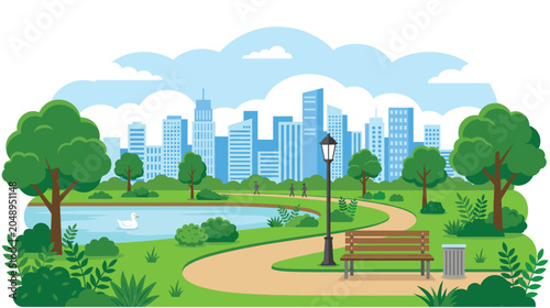 Tableau sur toile City park with pond lake trees benches and cityscape background.