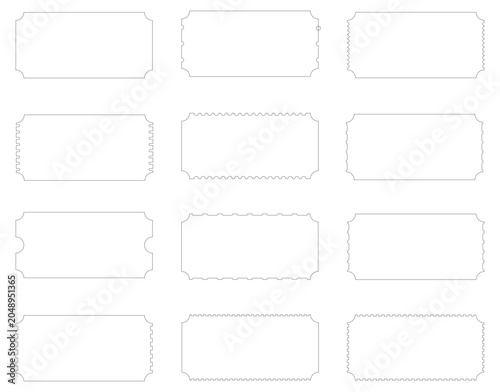 Blank white ticket stub template set with dashed perforated edge borders. Clean minimal coupon voucher in various shapes. Ideal for event, raffle, and promotional design.