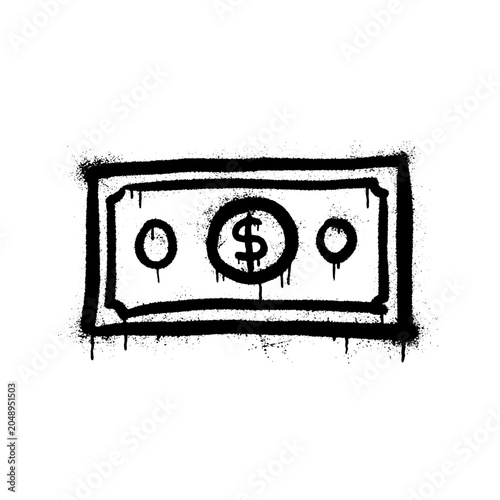 Graffiti style dollar bill icon with black spray paint drips and urban street art design elements on a white background