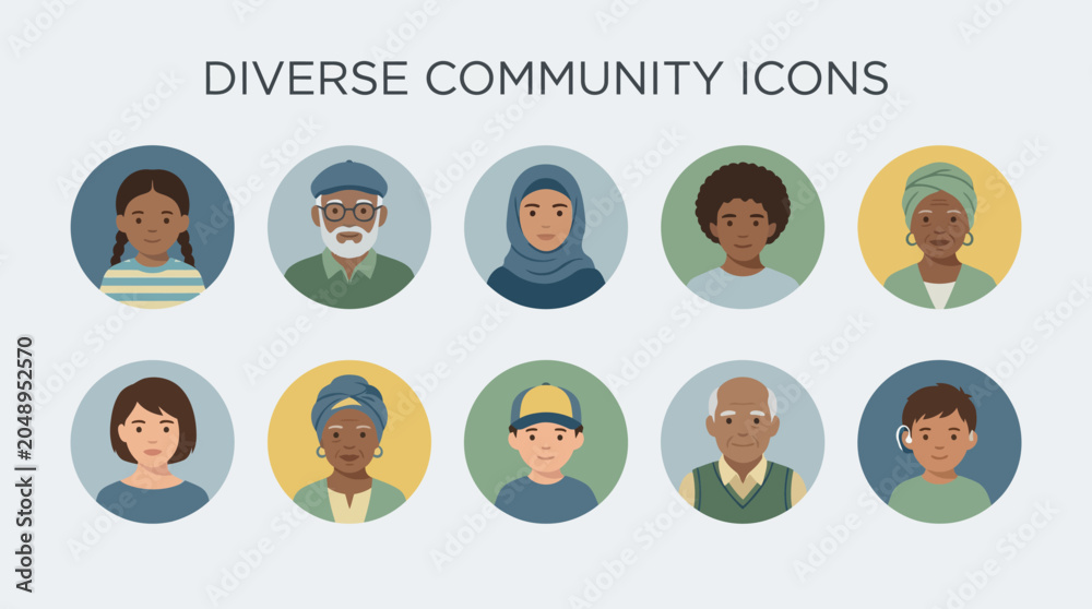 Fototapeta premium Diverse community avatar icons representing multicultural society members