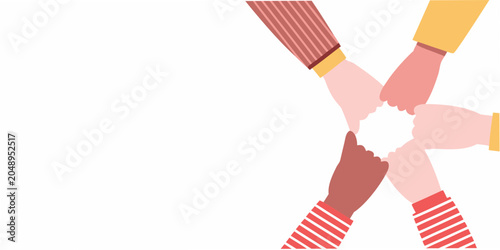 Cuadro en lienzo Multiple hands joining together flat vector illustration on white background
