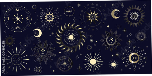 Foto Celestial Sun And Moon Designs Golden Vector Illustration On Dark Background