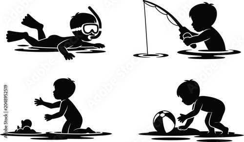 Εκτύπωση καμβά Set of black silhouette children engaged in diverse summer vacation beach and wa