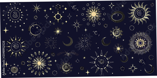Obraz na płótnie Celestial Sun And Moon Pattern Detailed Vector Illustration On Dark Blue