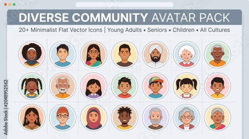 Diverse community avatar pack featuring young adults seniors and children