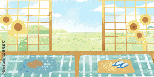 Schilderij op canvas Sunflower illustration with window view and tatami style flooring