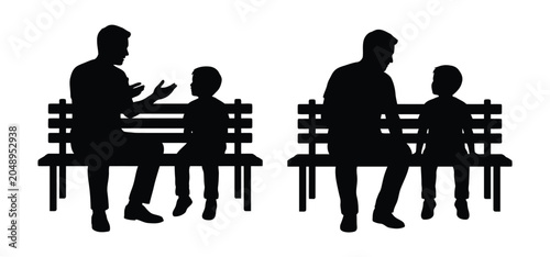 Black silhouette of a man and a boy sitting on a bench