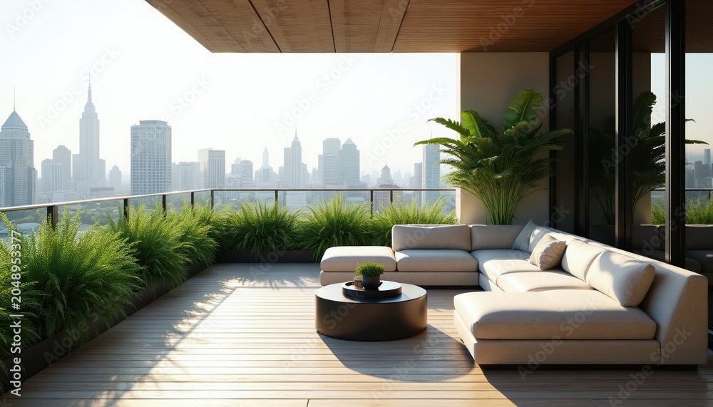 Fototapeta premium Modern apartment balcony with comfortable sofa and city skyline view. Green plants adorn terrace, offering urban oasis feel. Relaxing space with wooden floor.