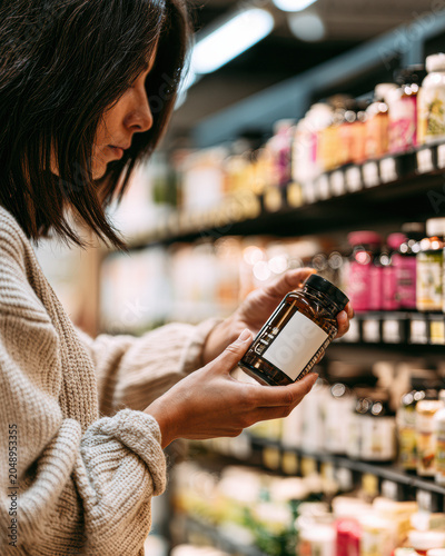 A woman in a cozy sweater closely examines a product bottle in a store aisle filled with various supplements and health products.