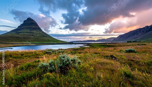 Scenic landscape with mountain, water, and grassy foreground under clouds