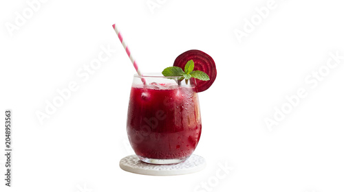 Bild auf Leinwand Beetroot juice in glass with sliced beet garnish and mint sprig beetroot beverag