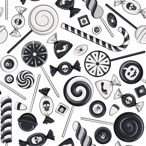Seamless pattern of black and white sweets, candies and lollipops for Halloween. Vector background.