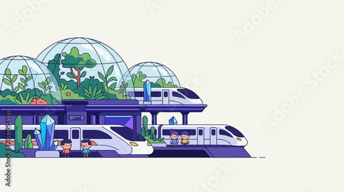 Futuristic Eco-Friendly Train Station Illustration with High-Speed Trains and Glass Dome Greenhouses