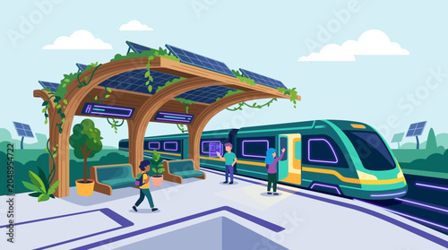 Futuristic Eco-Friendly Train Station with Solar Panels and Sustainable Public Transport Illustration