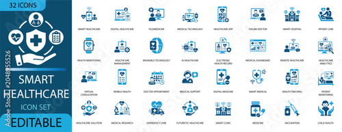 Smart healthcare and digital medicine icon set. Creative editable vector icons for telemedicine, AI health tracking, and remote patient monitoring.