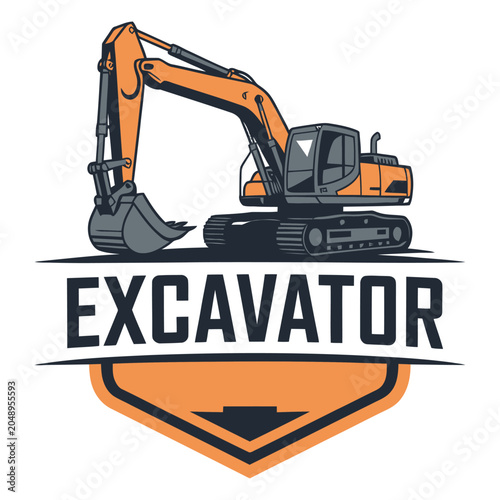 Excavator Construction Logo with Orange Backhoe, Dark Tracks, and Bold “Excavator” Lettering on a Shield