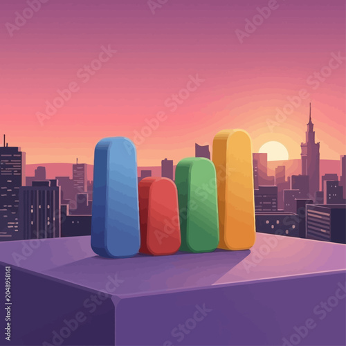 Canvas-taulu Vibrant cityscape at sunset features colorful bars on purple platform