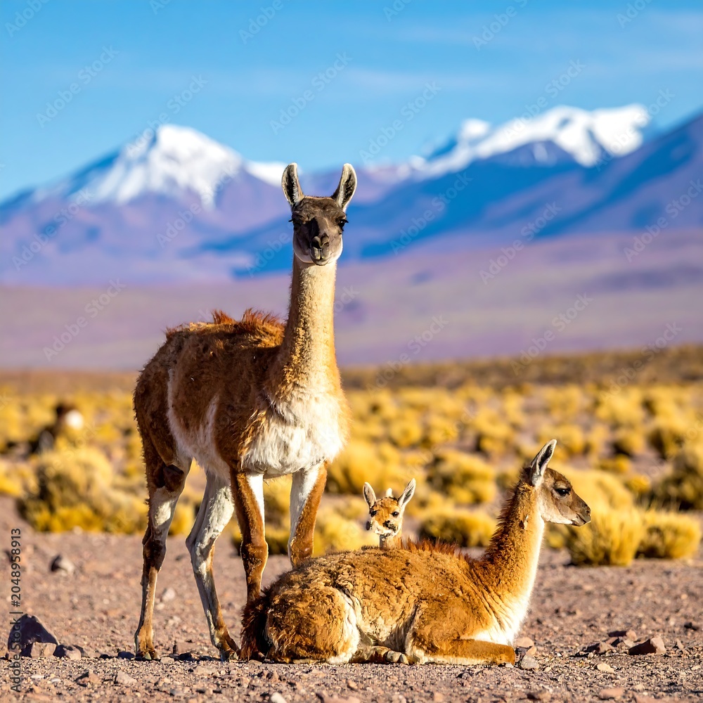 Naklejka premium Three camelids standing on gravel in front of mountain range