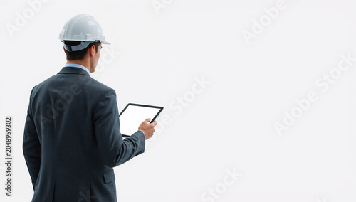 Back view of a male industrial engineer wearing a hardhat and business suit holding a blank screen digital tablet, facing a clean white background for professional architecture and management concepts