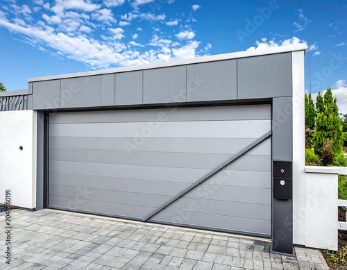 Modern gray garage door with diagonal accent against a blue sky