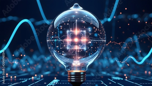 Advanced Computing Concept with Quantum Processor, Digital Particles and Cinematic Blue Glow