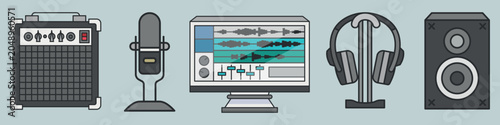 Tableau sur toile Vector illustration of audio equipment: amp, mic, monitor, headphones, speaker