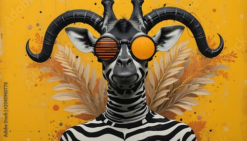 Creative Pop Art Giraffe Portrait with Zebra Stripes and Retro Sunglasses, Abstract Yellow Background with Geometric Circles and Autumn Leaves Vector Style Illustration