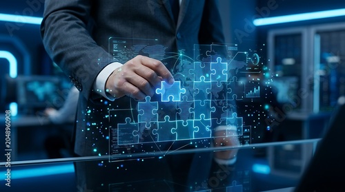 Global business strategy and problem solving concept with businessman assembling futuristic glowing digital jigsaw puzzle piece into worldwide network map.