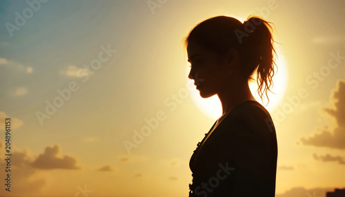 Silhouette Of A Woman In Profile Against Golden Sunset Sun Halo During Peaceful Golden Hour.