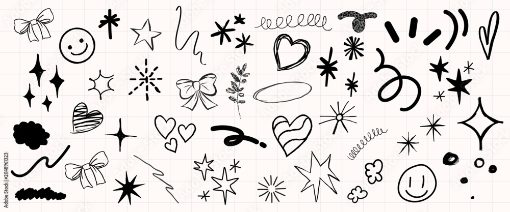 Fototapeta premium Vector doodles: stars, hearts, bows, and smiley faces on a grid background.