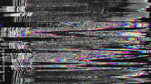 Analog TV signal glitch texture with rainbow noise
