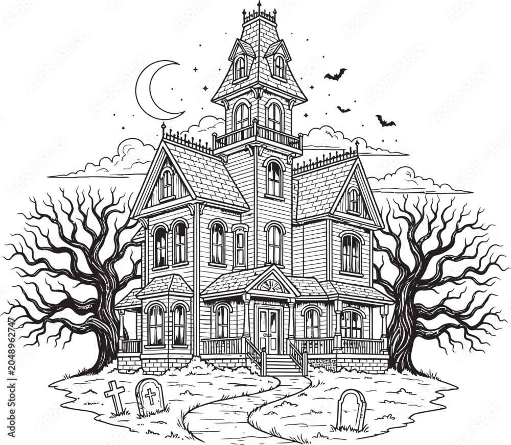 Fototapeta premium Haunted mansion illustration a spooky gothic revival structure surrounded by bare trees and a crescent moon